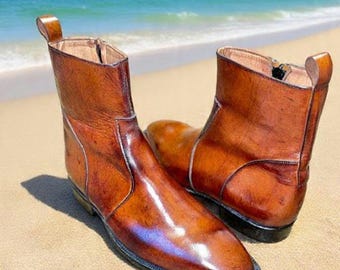 Botines de cuero marrón bruñido hechos a mano: zapatos de vestir formales con cremallera lateral.
