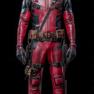 May include: A full-body Deadpool action figure featuring a textured red and black tactical suit, a mask with white eye patches, a utility belt with pouches, a shoulder strap, and holsters on the thighs, standing against a solid black background.