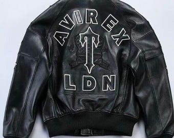 2025 Avirex LDN Authentic  Leather Varsity Jacket  Vintage Style Bomber  Black Retro Jacket