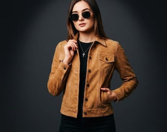 Wildlederjacke für Damen | Handgefertigte Lederjacke für Damen | Vintage-Wildleder-Truckerjacke | Jacke mit Knopfleiste