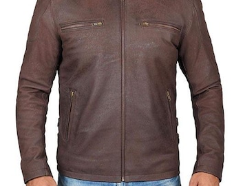 Herren-Lederjacke im Café-Racer-Stil | Braune Biker-Lederjacke | Slim-Fit-Motorradjacke | Echtlederjacke | Geschenkidee für ihn