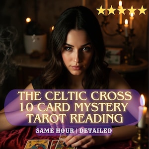 Puede incluir: Una imagen que promociona una lectura de tarot muestra a una mujer con cabello y ojos oscuros. La superposición de texto dice "THE CELTIC CROSS 10 CARD MYSTERY TAROT READING" con "SAME HOUR | DETAILED" debajo. Cinco estrellas doradas están en la parte superior.