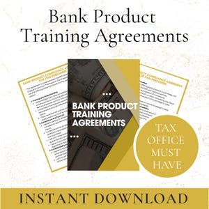 Puede incluir: Una descarga digital titulada "Bank Product Training Agreements" con el texto "Tax Office Must Have". La imagen presenta una pila de documentos con texto y un fondo de dinero.