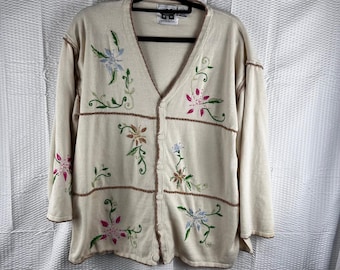 Cardigan in maglia Vtg Storybook Knits con splendido motivo floreale con paillettes, taglia XLP