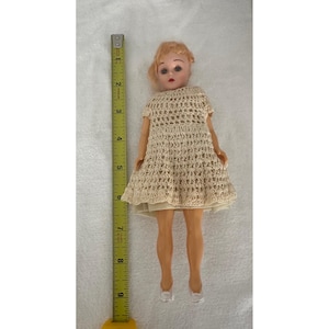 Vintage Doll Blue Eyes Crochet Dress 8 inch Collectible Toy