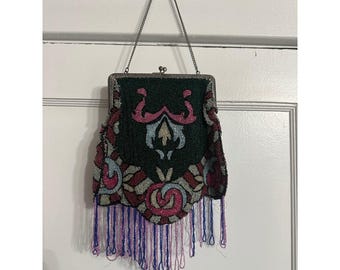 Vintage Beaded Evening Bag Flapper Purse Antique Clutch Handbag made in Belgium