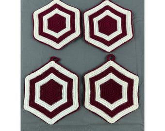 Handmade Crocheted Hexagon Pot Holders Trivets Set of 4 Red White Hot Pads