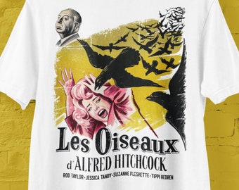 The Birds T Shirt, The Birds (Les Oiseaux) French Movie Poster T Shirt, Alfred Hitchcock Lovers Fan Favorite, Hitchcock Fan Gift