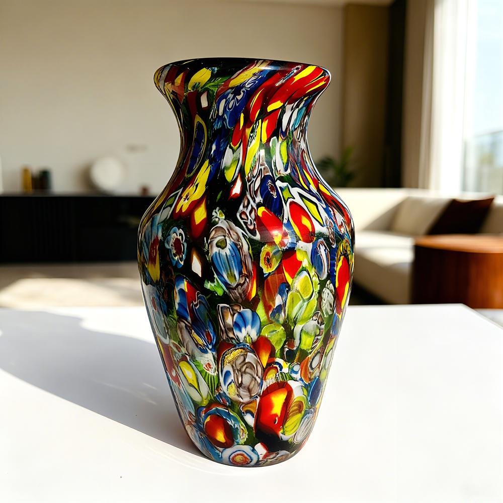 希少【ムラーノ】ガラス 花瓶　ミルフィオリ イタリア製 ヴィンテージ ヴィンテージ ムラーノ ミルフィオリ ガラス 花瓶、ハンドメイド