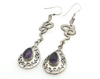 Witchy Silver & Amethyst Snake Dangle Earrings, February Birthstone, Natural Colour-Changing Gemstone, Womens Gothic Jewellery