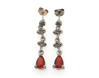 Silver Garnet & Marcasite Drop Earrings, Vintage 925-Sterling Gothic Dangle Studs, Womens Jewellery, Boxed Gift