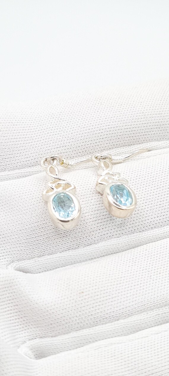 Celtic Knot Blue Topaz Earrings, Vintage Sterling Silver Gemstone Dangle Drops, December Birthday Jewellery View 6