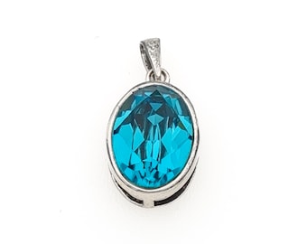 Vintage 925-Sterling Silver Blue Crystal Pendant, Oval Faceted Glass Charm, Womens Boxed Jewellery Gift