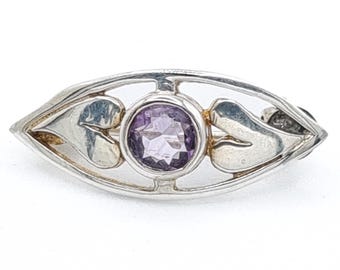 Amethyst Silver Brooch, Pre-Loved 925 Sterling Gemstone Pin, Spiritual February Birthstone Jewelry, Boxed Gift