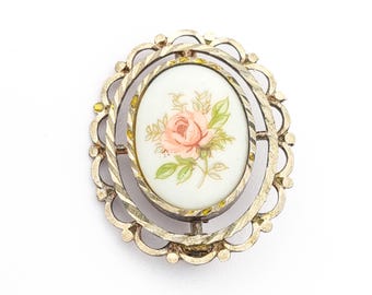 Broche fleur en argent sterling, épingle en porcelaine peinte à la main vintage 925, bijoux pré-aimé romantique classique pour femme