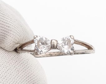 Vintage Sterling Silver Bowtie Ring, Cubic Zirconia Preloved Crystal Statement Band, For Her, Boxed