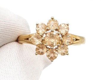 Vintage Gold Vermeil Sterling Silver Cubic Zirconia Champagne Ring: Dainty Floral Statement Cocktail Band