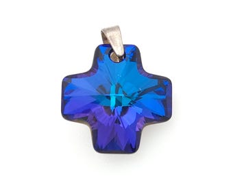 Vintage Silver & Blue-Purple Crystal Charm, Vintage 925-Sterling Colorful Aurora Borealis Faceted Pendant, Womens Gift
