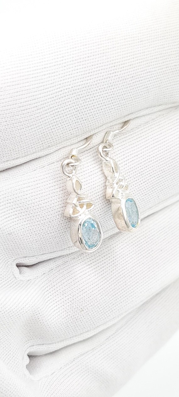 Celtic Knot Blue Topaz Earrings, Vintage Sterling Silver Gemstone Dangle Drops, December Birthday Jewellery View 5