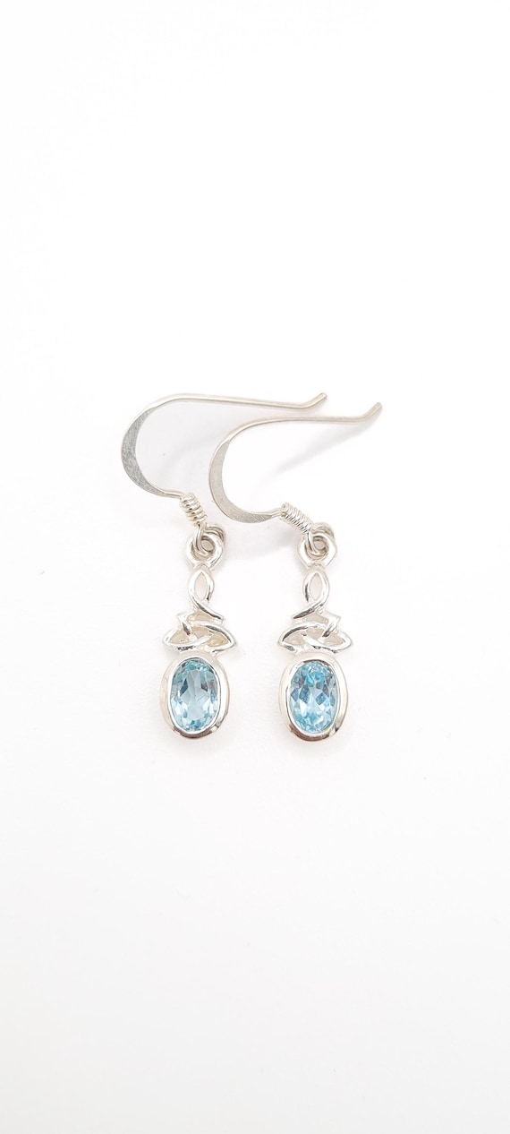 Celtic Knot Blue Topaz Earrings, Vintage Sterling Silver Gemstone Dangle Drops, December Birthday Jewellery