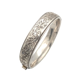 Vintage handgravierter Silberarmreif, florales Armband aus 925er Sterlingsilber, punziert und signiert, Sammlerstück, Birmingham 1964
