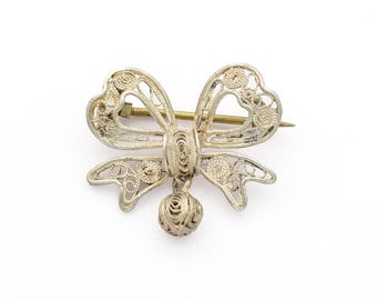 Broche avec noeud en filigrane d'argent 835, style antique vintage, épingle à bille pendante cinétique, bijoux pour femme