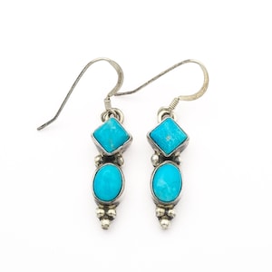 925 Vintage Boho-Tribal Örhängen, Silver & Naturlig Turkos, Stämplade Sterling Minimalistiska Örhängen, Smycken i Indiansk Stil