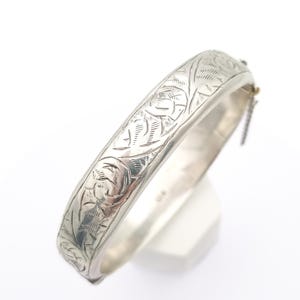 Vintage Hand-Engraved Silver Bangle, Floral Sterling Cuff Bracelet, Hallmarked Signed Collectors Jewelry, Chester 1957
