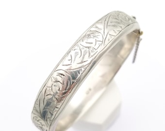 Vintage Hand-Engraved Silver Bangle, Floral Sterling Cuff Bracelet, Hallmarked Signed Collectors Jewelry, Chester 1957