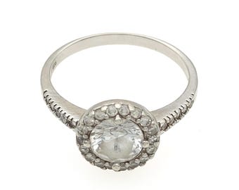 Silver & Cubic-Zirconia Halo Ring, Vintage CZ Cluster 925-Sterling Statement Band, Hallmarked Engagement-Style Jewellery, 9US-18.9mm