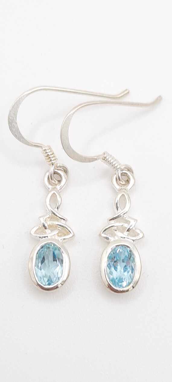 Celtic Knot Blue Topaz Earrings, Vintage Sterling Silver Gemstone Dangle Drops, December Birthday Jewellery View 2