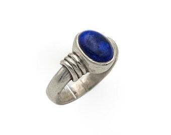 Vintage Silver & Lapis Lazuli Ring, 925-Sterling Natural Oval Blue Gemstone Band, Womens Gift, 5.3US-15.8mm