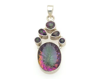 Vintage Silver & Mystic Topaz Chunky Pendant, Vintage 925-Sterling Boho Jewellery, Rainbow Gemstone Charm Gift