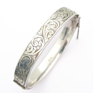 Vintage Hand-Engraved Silver Bangle, Floral Sterling Cuff Bracelet, Hallmarked Signed Collectors Jewelry, Chester 1954