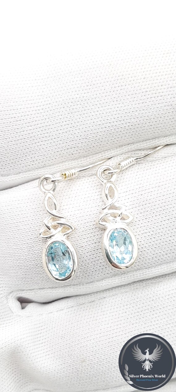 Celtic Knot Blue Topaz Earrings, Vintage Sterling Silver Gemstone Dangle Drops, December Birthday Jewellery View 4