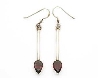 Vintage Sterling Silver Garnet Long Earrings: Handmade Boho Dangle Drops, Minimalist Design, Natural Gemstone