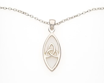 May include: A silver-toned necklace featuring a marquise-shaped pendant with a white inlay. The center of the pendant displays a raised triquetra knot design. The pendant hangs from a delicate silver-toned chain with small circular links.