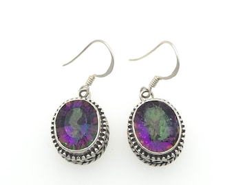 Silver & Mystic Topaz Earrings, Vintage 925-Sterling Ornate Gemstone Dangle Drops, Womens Jewellery, Boxed Gift