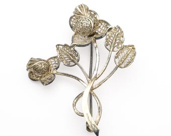 Broche fleur en argent sterling, broche botanique vintage en filigrane 925 poinçonnée, femme, bijoux de collection signés