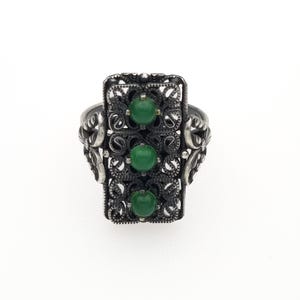 Anillo vintage de plata con calcedonia verde, plata de ley 900, banda de filigrana con piedras preciosas naturales de segunda mano, joyería llamativa para mujer, 8US-18 mm