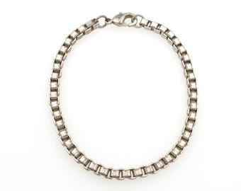 Vintage Silver Chunky Box Chain Bracelet, 925-Sterling Square Link Chain, Unisex Jewellery, Boxed Gift