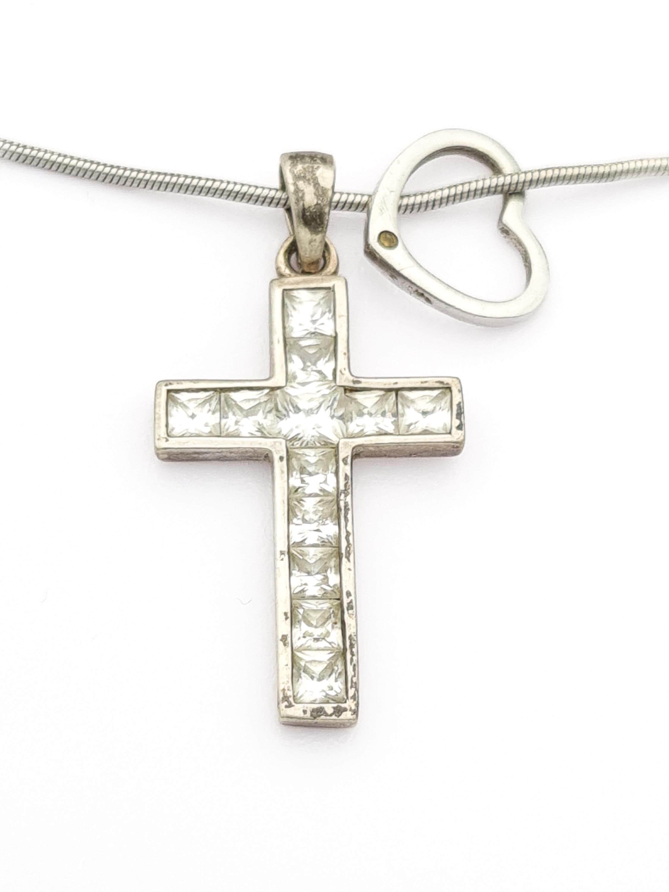 Vintage Sterling Silver CZ Cross Necklace: 925 Heart, Christian