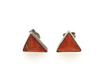 Vintage Silver & Coral Earrings,  925-Sterling Orange Triangle Studs, Womens Pre-Loved Geometric Jewellery, Boxed Gift