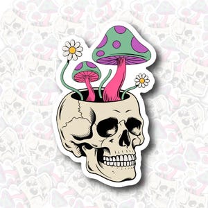 Digitaler Schädel Aufkleber PNG - Psychedelischer Pilz & Blumen Schädel Clipart - Gothic ästhetik digitaler Download für Cricut, Laptop, Scrapbook