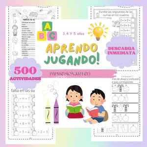 Könnte beinhalten: Ein farbenfrohes Lernspielbuch für Kinder im Alter von 3 bis 5 Jahren. Der Einband zeigt eine leuchtend gelbe Glühbirne, zwei Kinder, die Bücher lesen, und den Text "APRENDO JUGANDO!", was im Deutschen "Ich lerne spielend!" bedeutet. Das Buch enthält 500 Aktivitäten und soll Kindern helfen, spielerisch zu lernen.