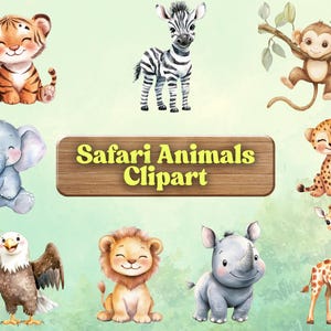 Safari Tiere Clipart, Löwe, Giraffe, Kinderzimmer Kunst, Dschungeltiere Clipart, niedliches Aquarell Tier, Dschungeltiere, PNG, Geburtstagsdekoration