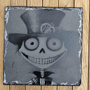 Steampunk Skeleton Slate Coaster: Gothic Halloween Barware