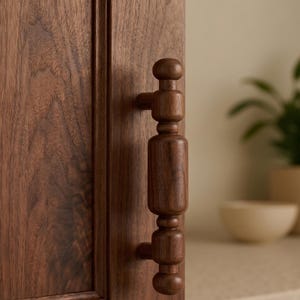 Pode incluir: Um close-up de uma porta de armário de madeira castanha escura com uma pega ornamental a condizer. A pega tem um design empilhado e torneado com extremidades arredondadas. O veio da madeira é visível tanto na porta como na pega.
