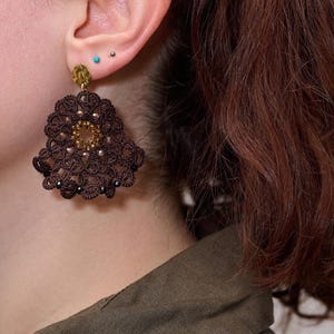 Tatting Lace Flower Earrings: Brown Cotton, Gold Beads, Fairycore Jewelry