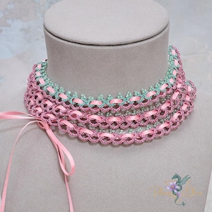 Tatting Lace Choker: Fairycore Pink Ribbon Necklace with TOHO Beads